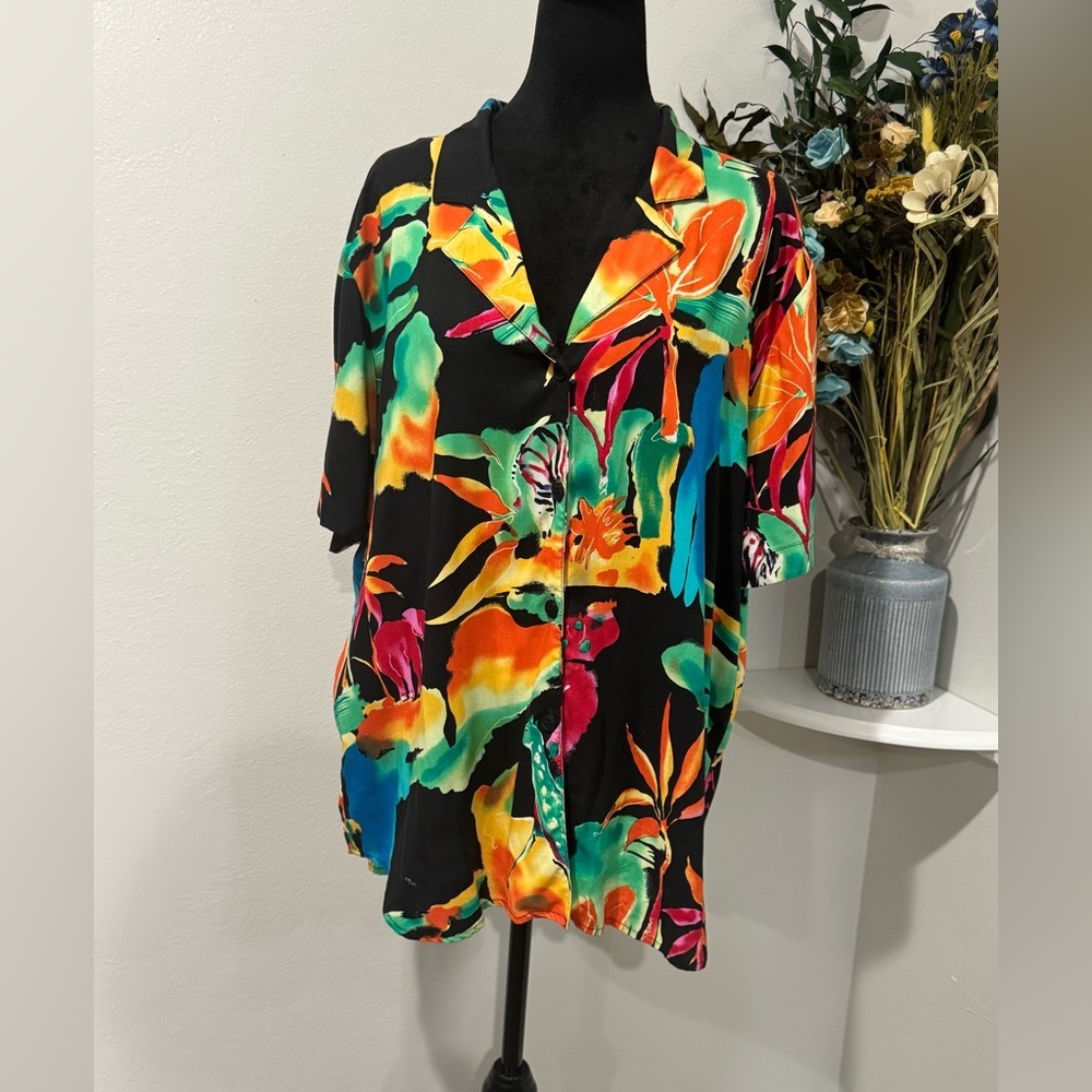 On The Verge Tropical Floral Button Up Top XL Hawaiian Resort Vacation Shirt VTG - Picture 3 of 12